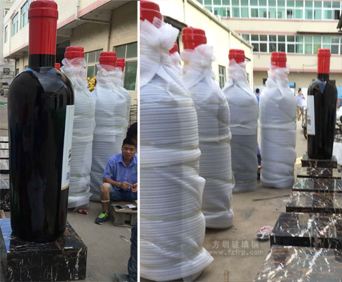 湖北酒庄仿真玻璃钢红酒瓶雕塑工厂包装图 湖北酒庄仿真玻璃钢红酒瓶雕塑工厂包装图